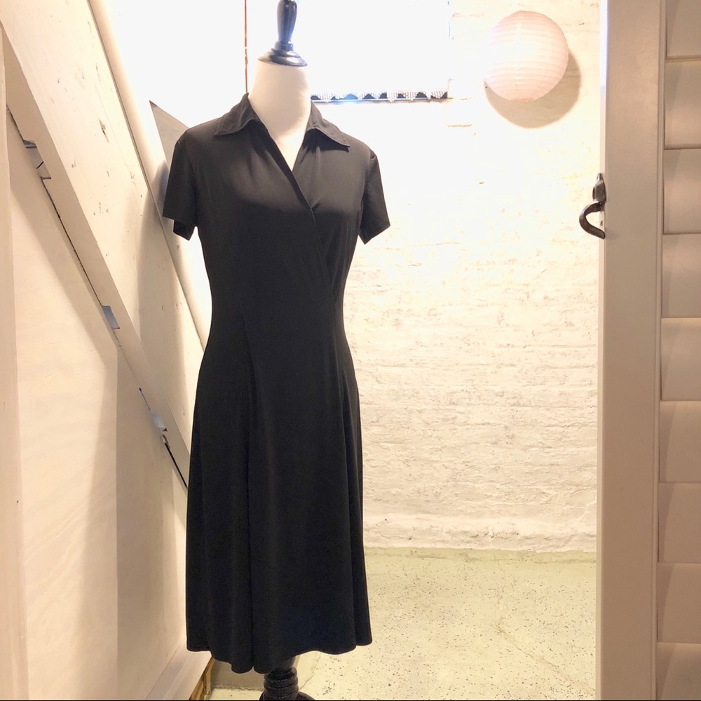 Black Faux Wrap Dress with Collar, Short Sleeve - Picture 4 of 8